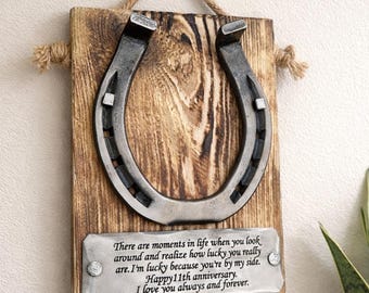 Personalized Steel Horseshoe on Wood – Hand-Forged 5th Anniversary Gift
