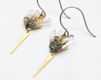 Raw Quartz Crystal Spear Earrings • Hypoallergenic Steel, Mixed Metal