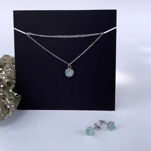 Raw Aquamarine March Birthstone Gift Set • Petite Necklace & Stud Earrings • 19th Anniv Gift • Pisces Zodiac Jewelry • Natural Birthstones