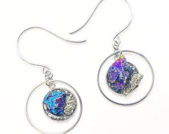 Raw Peacock Ore Bornite & Pyrite Dangle Earrings • Hypoallergenic Steel
