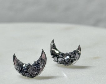 Raw Galena Steely Moon Stud Earrings | Raw Stone Studs | Silver Crescent Moon Earrings | Grounding Stone | Celestial Astrology Jewelry
