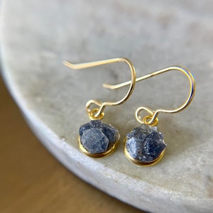 Raw Sapphire Earrings • 18k Gold Steel Petite Drops • September Birthstone Jewelry • 45th Anniversary • Virgo Earrings • Natural Sapphire