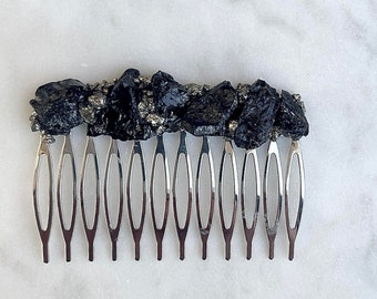 Raw Black Tourmaline Hair Comb • Natural Crystal Bridal Accessory | Unique 2.5” Veil Comb