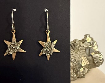 Raw Pyrite Star Dangle Earrings | Celestial Mixed Metal Jewelry