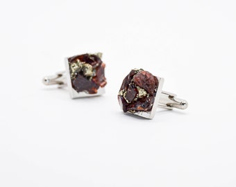 raw garnet steel cufflinks • raw stone cufflinks • groom gift • best man proposal • officiant gift • 2nd anniversary • january birthstone