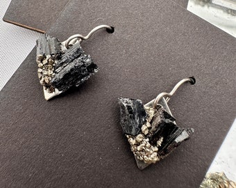 Raw Black Tourmaline Geode Drop Earrings | October Birthstone | Geology Jewelry | Black Crystal Earrings | Black Tourmaline Crystal Earrings