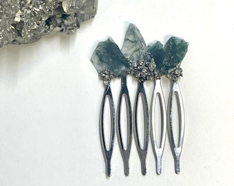 Raw Moss Agate Crystal Hair Comb • Petite Silver Bridal Updo | Raw Natural Stones