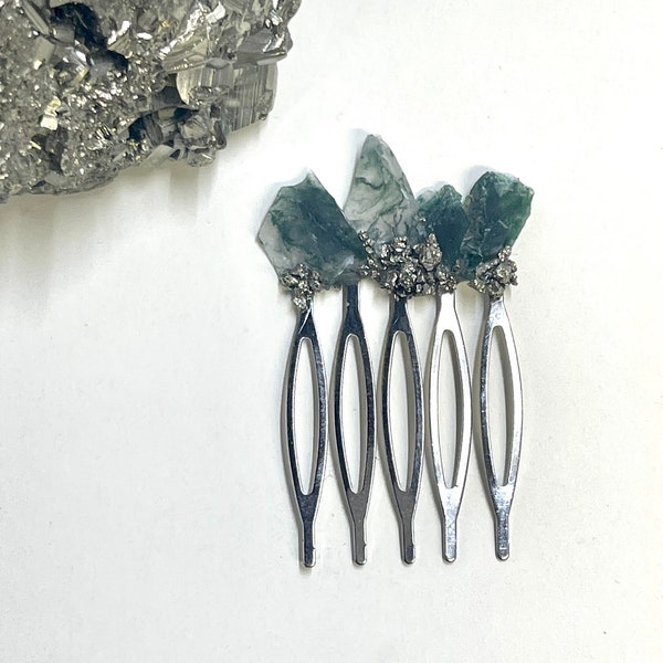 raw moss agate geode crystal hair comb • CHOOSE 1 or 2 • bridal updo hair piece • 1" petite silver comb • garden wedding • crystal veil comb