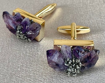 Raw Amethyst Steel Cufflinks | Groom Gift | Best Man Proposal | Groomsman Gift | Officiant Gift | February Birthstone | Wedding Cufflinks