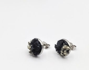 raw black tourmaline & pyrite stud earrings • bold stud earring • hypoallergenic steel