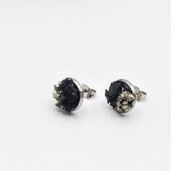 raw black tourmaline & pyrite stud earrings • bold stud earring • hypoallergenic steel