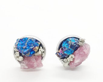 raw pink tourmaline & bornite "peacock ore" stud earrings • large 1/2" multi stone studs • hypoallergenic steel