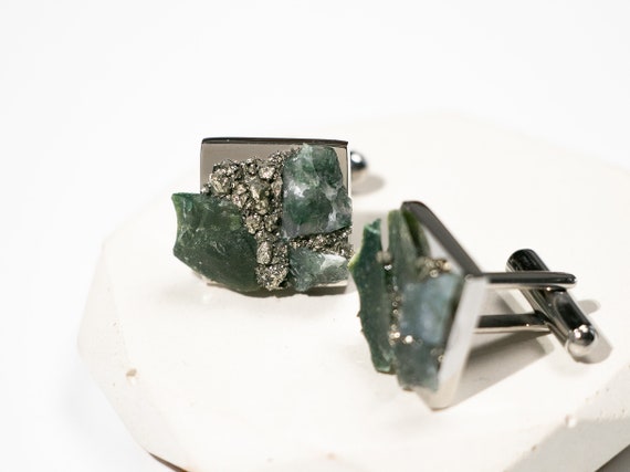 Raw Moss Agate Cufflinks | Unique Steel Suit Accessory | Groom Fashion