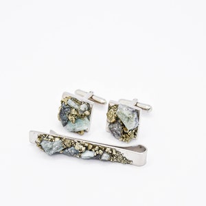 Raw Emerald Steel Cufflinks & Tie Bar Gift Set by Raw Opal