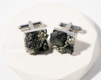Raw Black Tourmaline Steel Cufflinks | Suit Accessory | Groom Gift | Best Man Proposal | Groomsman Gift | Dad Gift | Wedding Cufflinks