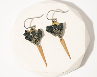 Raw Black Tourmaline Spear Earrings | Mixed Metal Dangle Earrings | Black Tourmaline Crystal Earrings | October Birthstone | Geode Jewelry