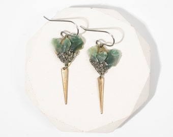 Raw Moss Agate Spear Earrings | Mixed Metal Dangle Jewelry | Raw Natural Stone Statement
