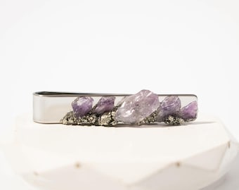 Raw Amethyst Steel Tie Bar | Tie Clip | Best Man Proposal | Groomsmen Thank You | Officiant Gift | 6th Anniversary | February Birthstone