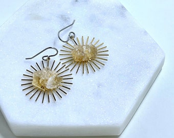 Raw Citrine Sunburst Earrings | Raw Crystal Earrings | Summer Statement Earrings | Crystal Sun Earring | Scorpio Stone | Raw Natural Citrine
