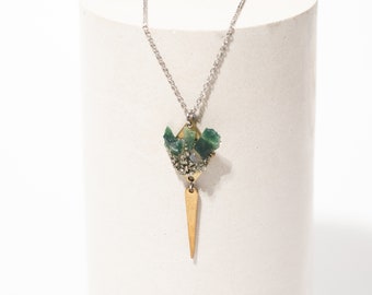 Raw Moss Agate Geode Spear Necklace | Mixed Metal Statement Necklace | Moss Agate Jewelry | Chalcedony Jewelry | Virgo Stone | Geode Jewelry