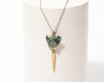 Raw Moss Agate Geode Spear Necklace | Mixed Metal Jewelry | Raw Natural Stone Statement