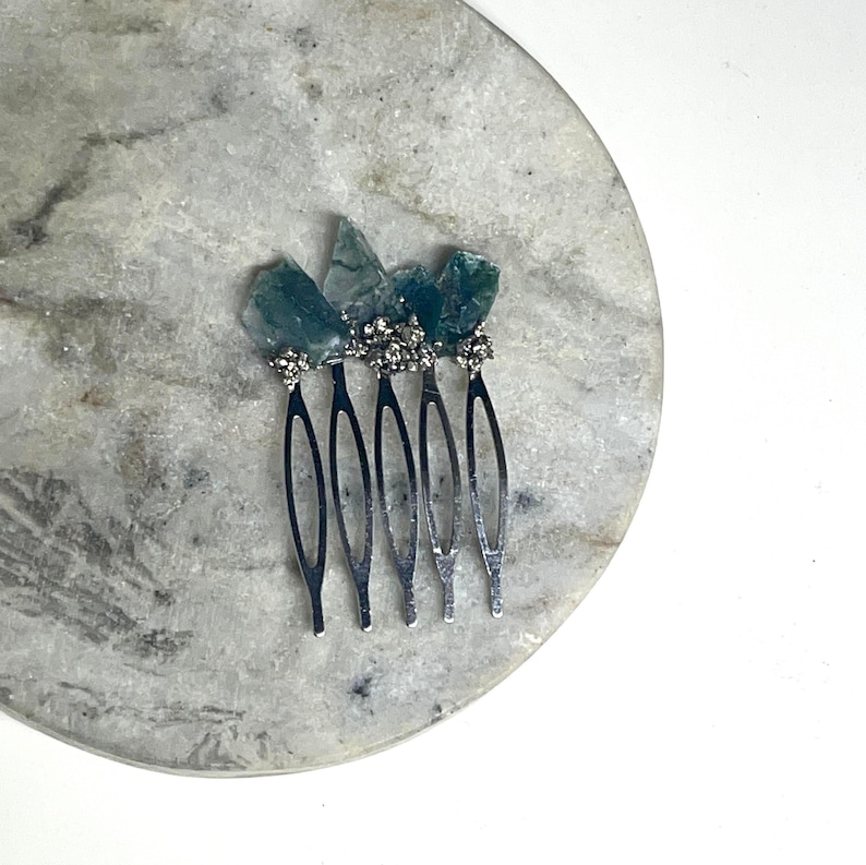 raw moss agate geode crystal hair comb CHOOSE 1 or 2 bridal updo hair piece 1 petite silver comb garden wedding crystal veil comb image 3
