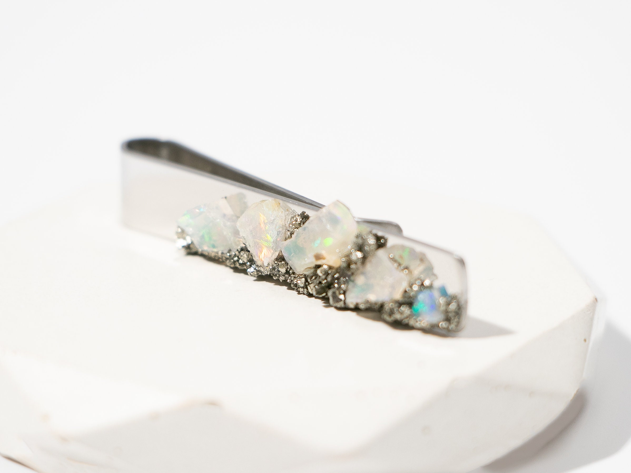 Raw Opal Steel Tie Bar | Opal Tie Clip | Best Man Proposal | Groomsmen Thank You | Officiant Gift | 14th Anniversary | October Birthstone