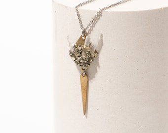 Quartz Crystal Geode Spear Necklace | Mixed Metal & Pyrite Statement | Master Healer