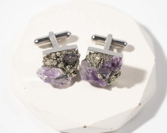 Raw Amethyst Steel Cufflinks | Groom Gift | Best Man Proposal | Groomsman Gift | Officiant Gift | February Birthstone | Wedding Cufflinks