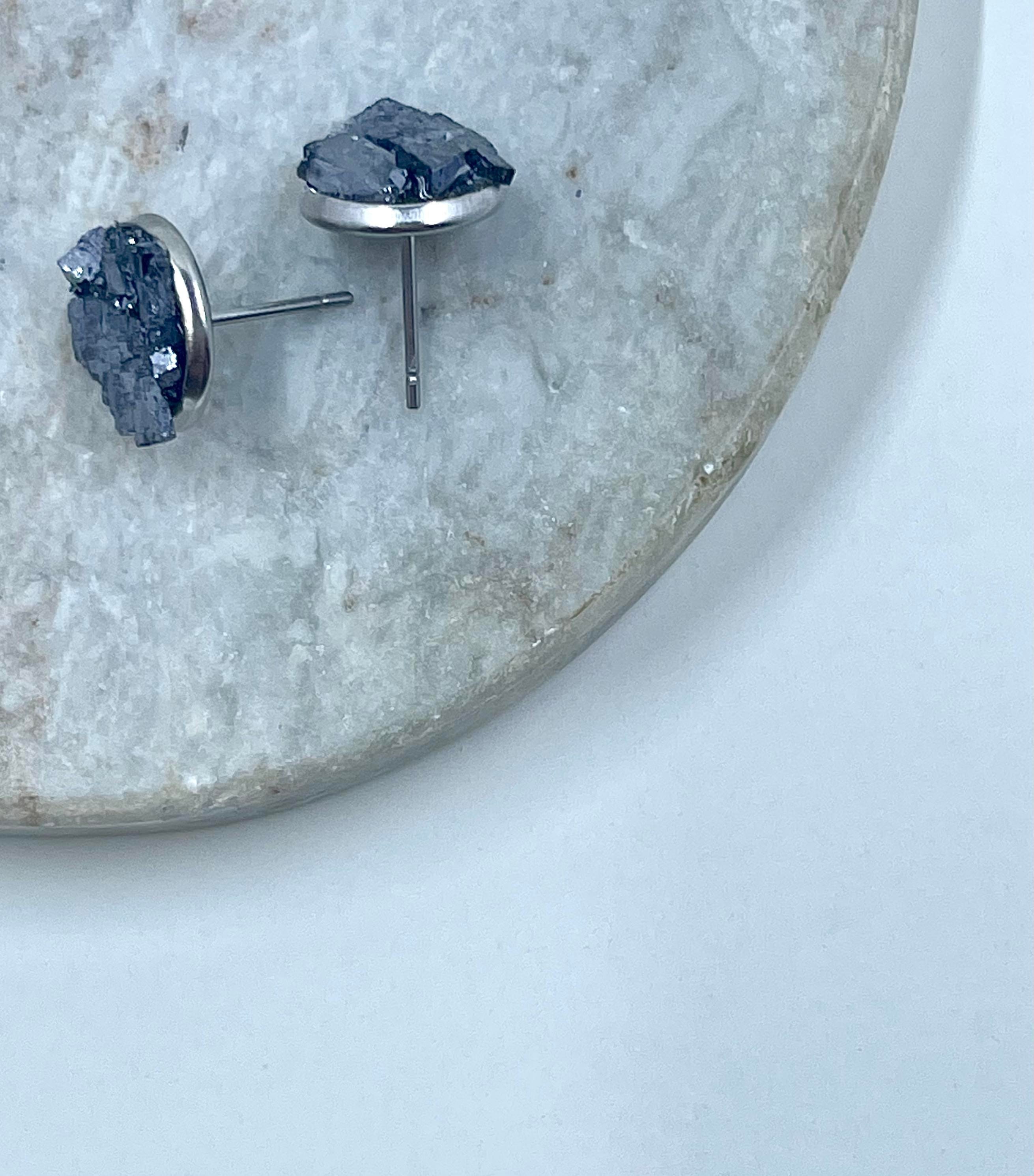 raw galena stud earrings • choose your size • metallic blue gemstone jewelry • minimalist post earrings • grounding & tolerance stone