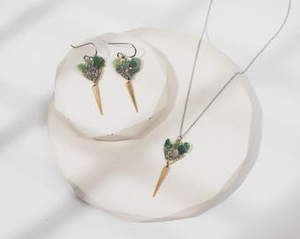 Raw Moss Agate & Pyrite Spear Necklace Earring Set | Mixed Metal Jewelry | Natural Stone Statement