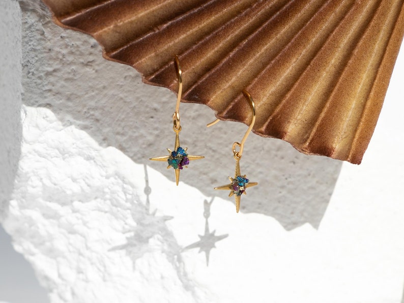 Raw Bornite Gold North Star Earrings Gemstone Dangle Earrings 18k Gold Star Earrings Celestial Jewelry Peacock Ore Earrings image 3