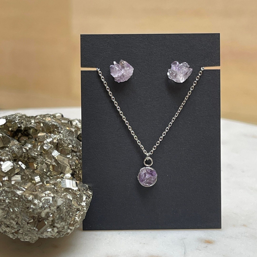 Raw Amethyst February Birthstone Gift Set • Petite Necklace Stud
