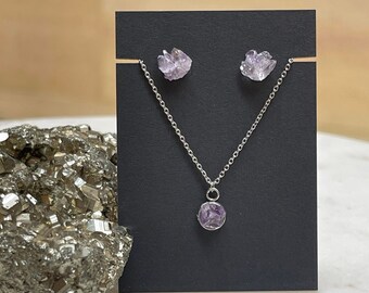 raw amethyst petite february birthstone gift set • petite necklace & stud earrings • choose length • 6th anniversary stone • aquarius stone