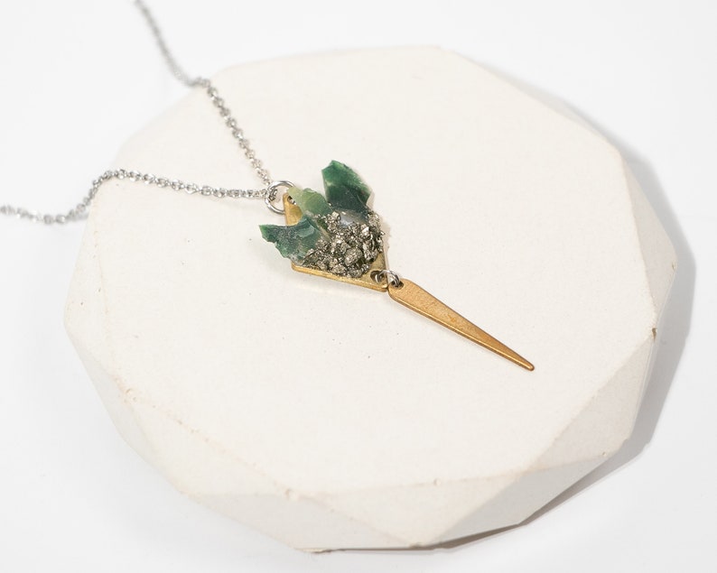 Raw Moss Agate Geode Spear Necklace Mixed Metal Statement Necklace Moss Agate Jewelry Chalcedony Jewelry Virgo Stone Geode Jewelry image 2