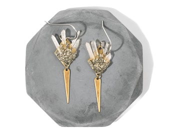 Raw Quartz Geode Spear Earrings | Quartz Crystal Jewelry | Natural Stone Jewelry | Mixed Metal Statement Earrings | Artisan Geode Jewelry