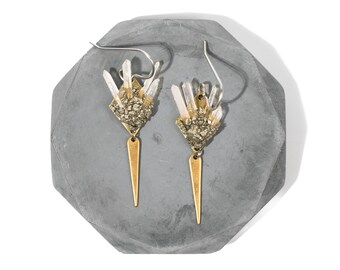 Raw Quartz Geode Spear Earrings | Mixed Metal Artisan Jewelry | Raw Natural Stone Statement | Hypoallergenic