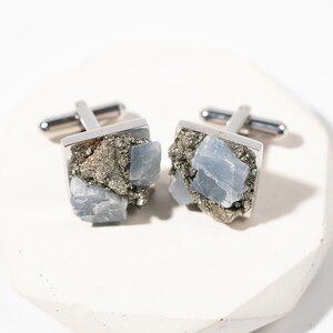 Raw Blue Calcite Steel Cufflinks | Suit Accessory | Unique Groom Gift | Best Man Proposal Gift | Something Blue for him | Wedding Cufflinks