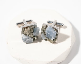 Raw Blue Calcite Steel Cufflinks | Suit Accessory | Unique Groom Gift | Best Man Proposal Gift | Something Blue for him | Wedding Cufflinks