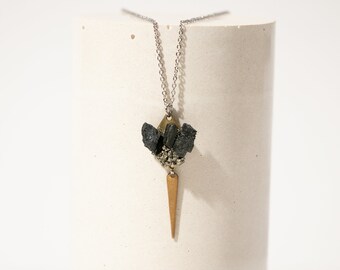 Raw Black Tourmaline Spear Necklace | Mixed Metal Geode Jewelry