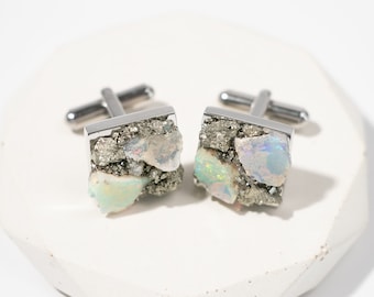 Raw Opal Steel Cufflinks | Raw Welo & Fire Opal | Groom Gift | Best Man Proposal | Groomsman Gift | October Birthstone | Wedding Cufflinks