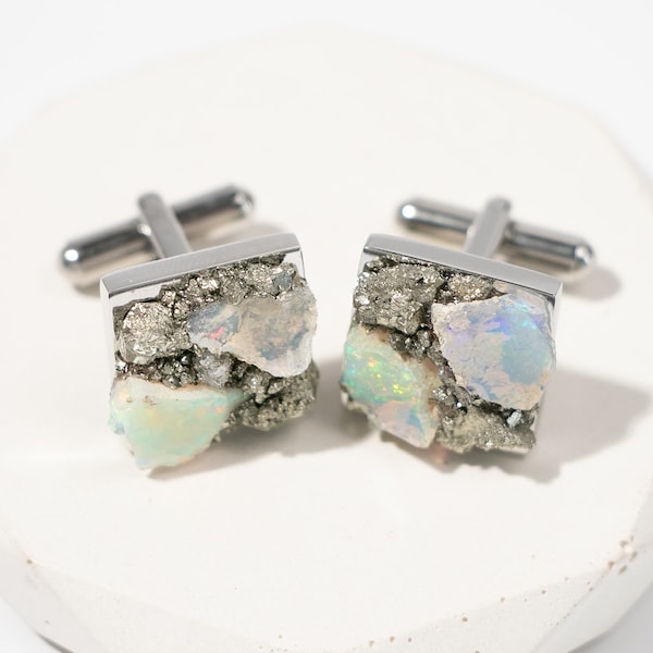 Raw Opal Steel Cufflinks | Raw Welo & Fire Opal | Groom Gift | Best Man Proposal | Groomsman Gift | October Birthstone | Wedding Cufflinks