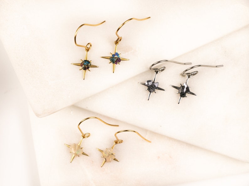 Raw Bornite Gold North Star Earrings Gemstone Dangle Earrings 18k Gold Star Earrings Celestial Jewelry Peacock Ore Earrings image 5