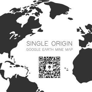 May include: A black and white map of the world with the text "SINGLE ORIGIN GOOGLE EARTH MINE MAP" and a QR code.