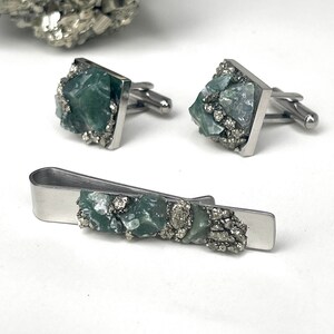Raw Moss Agate Geode Steel Cufflinks & Tie Bar Gift Set by Raw Opal