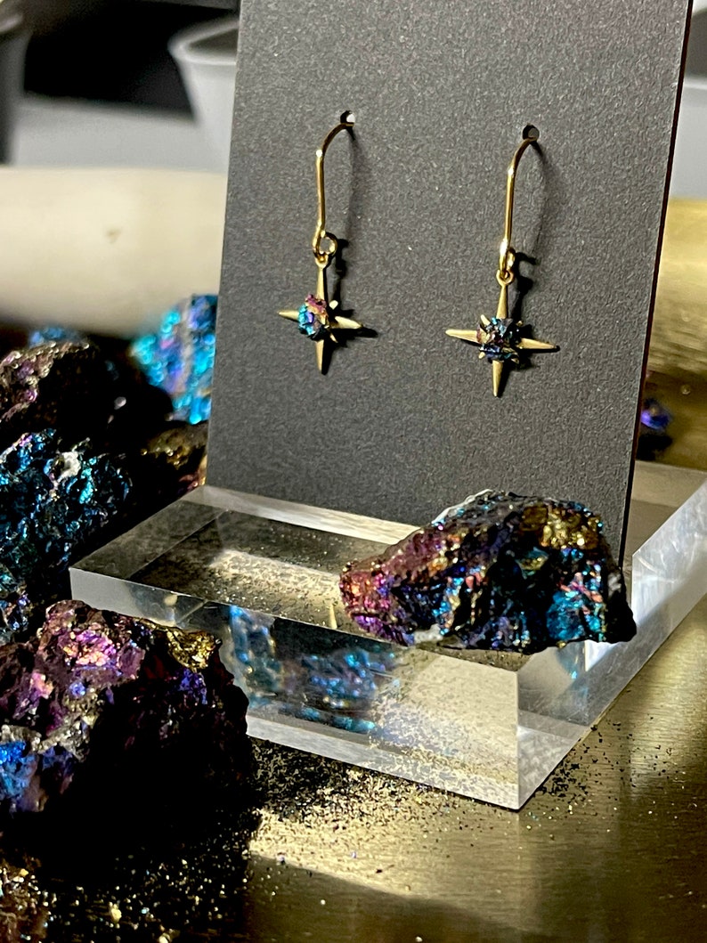 Raw Bornite Gold North Star Earrings Gemstone Dangle Earrings 18k Gold Star Earrings Celestial Jewelry Peacock Ore Earrings image 2