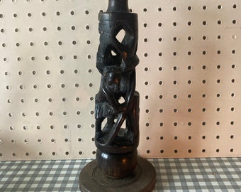 Vintage carved wooden lamp base dark wood ethnic African