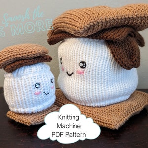 May include: Knitting pattern for a s'more plush toy. The pattern includes instructions for making a large and small s'more. The s'more is made of brown, white, and tan yarn.
