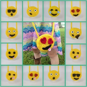 Patrón de ganchillo de bolso Emoji ajustable, bolso de crochet para niños y descarga digital de apliques