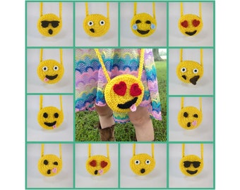 Adjustable Emoji Purse Crochet Pattern, kids crochet bag and applique digital dowload
